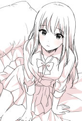  1girl arm_support bow bowtie collared_shirt dress_shirt hand_on_own_thigh highres light_blush lineart long_hair long_sleeves looking_at_viewer loose_bowtie monochrome original parted_lips pillow pleated_skirt school_uniform shirt sitting sketch skirt sleeves_rolled_up solo yatomi 