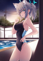  1girl absurdres animal_ear_fluff animal_ears black_one-piece_swimsuit black_sky blue_archive blue_eyes breasts competition_swimsuit covered_navel cowboy_shot cross_hair_ornament dusk extra_ears grey_hair hair_ornament halo hidel highres low_ponytail medium_breasts medium_hair mismatched_pupils multicolored_clothes multicolored_swimsuit official_alternate_costume one-piece_swimsuit pool poolside power_lines shiroko_(blue_archive) shiroko_(swimsuit)_(blue_archive) sky solo standing swimsuit utility_pole wolf_ears 