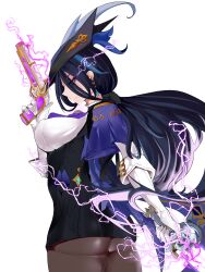  1girl absurdres ascot ass black_corset black_hair blue_cape blue_hair blue_hat breasts cape clorinde_(genshin_impact) corset dark_blue_hair epaulettes fold-over_gloves framed_breasts genshin_impact gloves gun hat hat_feather highres holding holding_gun holding_sword holding_weapon iron_sting_(genshin_impact) large_breasts leon_kunisagi long_hair low_ponytail purple_ascot purple_eyes shirt solo sword taut_clothes taut_shirt tricorne vision_(genshin_impact) weapon white_gloves white_shirt 