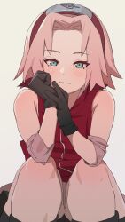  1girl 5_nan_(5nan_5nan) animated animated_gif black_gloves blinking commentary_request elbow_pads forehead_protector gloves green_eyes hairband hands_up haruno_sakura highres knees_to_chest looking_at_viewer looping_animation naruto naruto_(series) naruto_shippuuden own_hands_together pink_hair red_hairband red_shirt shirt short_hair sitting sleeveless sleeveless_shirt smile solo white_background  rating:Sensitive score:141 user:danbooru
