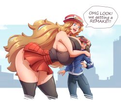  1boy 1girl alternate_breast_size alternate_height bent_over big_hair black_shirt black_thighhighs blue_jacket blue_pants breast_press breast_smother breasts brown_hair calem_(pokemon) creatures_(company) eyewear_on_headwear face_to_breasts game_freak happy height_difference hug jacket large_breasts long_hair n647 nintendo open_mouth pants pokemon pokemon_xy red_skirt serena_(pokemon) shirt sideboob size_difference skirt sleeveless speech_bubble sunglasses surprised tall_female thick_thighs thighhighs thighs turtleneck turtleneck_jacket very_long_hair white-framed_eyewear 