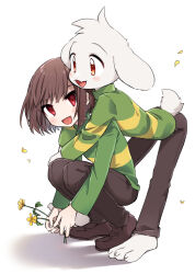  1boy 1other barefoot bent_over bob_cut brown_footwear brown_hair brown_pants chara_(undertale) falling_petals fangs fingernails flower full_body furry furry_male goat_boy green_sweater holding holding_flower hug hug_from_behind leftporygon loafers long_sleeves long_toenails looking_at_another open_mouth pants petals red_eyes shadow shoes short_hair skin_fangs smile squatting standing striped_clothes striped_sweater sweater toenails turtleneck turtleneck_sweater undertale white_background white_fur white_tail yellow_flower yellow_petals yellow_sweater 