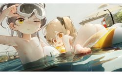  2girls :d absurdres adjusting_goggles anus arm_up armpits ass ball barefoot beachball black_hair blonde_hair brown_eyes cleft_of_venus closed_mouth feet female_focus flat_chest girls&#039;_frontline goggles goggles_on_head highres inflatable_toy loli long_hair looking_at_viewer looking_back multiple_girls nipples nude one_eye_closed open_mouth partially_submerged pussy scar scar_across_eye scar_on_face smile soles standing tianliang_duohe_fangdongye toes ump45_(girls&#039;_frontline) ump9_(girls&#039;_frontline) uncensored water wet wet_hair yellow_eyes  rating:Explicit score:403 user:sytalidis