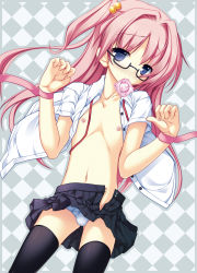 1boy black_thighhighs blue_eyes bulge checkered_background condom condom_in_mouth cowboy_shot glasses highres long_hair male_focus mouth_hold navel nipples ochinsama open_clothes open_shirt original panties pink_hair shirt solo thighhighs trap twintails underwear white_panties  rating:Questionable score:46 user:danbooru