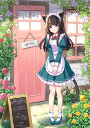 1girl animal_ears apron aqua_dress aqua_footwear black_hair bow bowtie cat_ears cat_tail coconat_summer commentary_request day door dress flower frilled_dress frills full_body highres long_hair long_sleeves looking_at_viewer maid maid_cafe maid_headdress mary_janes open_sign original outdoors own_hands_together pigeon-toed pink_flower pink_rose plant potted_plant purple_eyes purple_flower red_bow red_bowtie rose shoes sign socks solo standing tail vines white_apron white_socks window yellow_flower yellow_rose rating:Sensitive score:7 user:danbooru