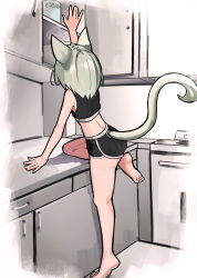  1girl animal_ears barefoot black_shorts cabinet cat_ears cat_girl cat_tail clothing_cutout counter dolphin_shorts feet fosqie green_hair highres indoors kitchen medium_hair original reaching shorts solo tail tail_through_clothes tiptoes 