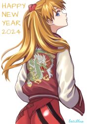  1girl 2024 artist_name ass bacillus blue_eyes bodysuit bodysuit_under_clothes breasts brown_hair chinese_zodiac curvy dated dragon english_text evangelion:_3.0_you_can_(not)_redo eyepatch hair_between_eyes hand_in_pocket hands_in_pockets happy_new_year jacket long_hair looking_at_viewer looking_back neon_genesis_evangelion new_year open_clothes open_jacket pilot_suit plugsuit print_jacket rebuild_of_evangelion red_bodysuit shiny_clothes solo souryuu_asuka_langley standing track_jacket white_background wide_hips year_of_the_dragon 