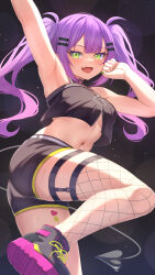  1girl absurdres aoi_zerii arm_up armpits belt black_footwear black_shorts black_tube_top blush breasts demon_girl demon_tail fang fishnet_thighhighs fishnets green_eyes green_nails hair_ornament hairpin heart heart_tattoo highres hololive leg_tattoo looking_at_viewer medium_breasts multicolored_hair nail_polish navel navel_piercing open_mouth piercing pink_hair purple_hair shoes short_shorts shorts smile solo strapless streaked_hair tail tail_ornament tail_piercing tattoo thigh_strap thighhighs tokoyami_towa tokoyami_towa_(1st_costume) tube_top twintails virtual_youtuber white_belt 