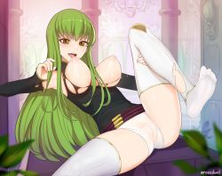 1girl ass bad_id bad_twitter_id blush breasts c.c. cleft_of_venus code_geass detached_sleeves green_hair highres large_breasts long_hair looking_at_viewer nipples no_bra pussy revealing_clothes rezodwel self-upload shiny_skin short_shorts shorts soles solo thighhighs thighs toes uncensored very_long_hair yellow_eyes rating:Explicit score:103 user:abdulajfo_eotwpt