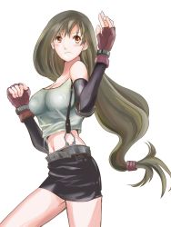  1990s_(style) 1girl belt breasts brown_eyes brown_hair earrings elbow_gloves female_focus final_fantasy final_fantasy_vii fingerless_gloves gloves highres jewelry long_hair midriff miniskirt plumsyrup retro_artstyle simple_background skirt solo suspenders tank_top tifa_lockhart white_background 