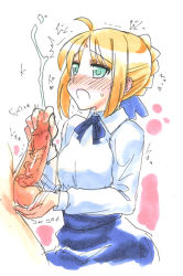 artoria_pendragon_(fate) blonde_hair blush breasts caressing_testicles censored cleavage cum cum_in_mouth cumdrip erection fate/stay_night fate_(series) handjob kikuta large_breasts long_hair penis saber_(fate) sex testicles rating:Explicit score:22 user:Shadnic