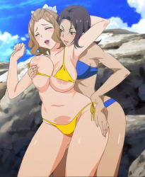 10s 2girls anime_screenshot areola_slip ass beach bikini black_hair blue_bikini blue_sky blush grabbing_another&#039;s_breast breasts breasts_squeezed_together brown_eyes brown_hair closed_eyes curvy deep_skin grabbing grabbing_from_behind groping hair_ribbon highres kaneko_hiraku kouzuki_(valkyrie_drive) large_breasts looking_at_another miyasato_(valkyrie_drive) multiple_girls navel open_mouth plump ribbon side-tie_bikini_bottom sky smile stitched swimsuit third-party_edit valkyrie_drive valkyrie_drive_-mermaid- wide_hips yellow_bikini yuri rating:Questionable score:110 user:fakyuh