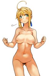 1girl ahoge artoria_pendragon_(all) artoria_pendragon_(fate) blonde_hair blush breasts clenched_hands fate/stay_night fate_(series) female_pubic_hair green_eyes nipples nude open_mouth pubic_hair saber_(fate) sachito short_hair simple_background solo white_background rating:Explicit score:42 user:danbooru