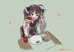  1girl :d ahoge blush bowl brown_eyes brown_hair chair dated food food_request green_background hands_up headgear holding holding_food japanese_clothes kimono lamb_(hitsujiniku) long_sleeves looking_at_viewer obi on_chair open_mouth plate sash sitting smile solo table touhoku_kiritan translation_request twintails upper_body v voiceroid white_kimono wide_sleeves 