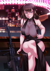 1girl absurdres ahoge anti-materiel_rifle armlet bar_(place) bare_shoulders blast_compensator blunt_bangs blush bolt-action_rifle bolt_action breasts brown_hair bullpup choker cleavage collarbone compensator crossed_legs dress dsr-50 dsr-50_(girls&#039;_frontline) dsr-50_(highest_bid)_(girls&#039;_frontline) gem girls&#039;_frontline gun highres indoors jewelry large_breasts long_hair looking_at_viewer muzzle_device necklace nipples nose_blush official_alternate_costume parted_lips pelvic_curtain radrick0 red_eyes rifle see-through side_slit sitting smile sniper_rifle solo suppressor very_long_hair weapon rating:Questionable score:38 user:danbooru