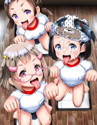  3girls absurdres blush buruma cameltoe censored cleft_of_venus cum cum_on_body cum_on_panties cum_on_upper_body cumdrip facial flat_chest glasses higegepon highres huge_filesize loli loli_harem looking_at_viewer mirror multiple_girls naughty_face no_panties object_on_head panties panties_on_head print_panties reflection school_uniform smile tagme thighs third-party_edit tongue tongue_out underwear 