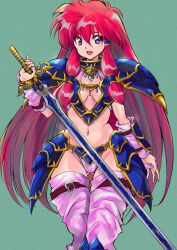  1990s_(style) 1girl armor belt bikini_armor blue_armor branmarker breasts gluteal_fold green_background green_nails hand_up highres holding holding_sword holding_weapon long_hair looking_at_viewer medium_breasts navel open_mouth pauldrons pink_thighhighs purple_eyes red_hair retro_artstyle shami_(branmarker) shoulder_armor simple_background smile solo sword thigh_belt thigh_gap thigh_strap thighhighs weapon wochi  rating:Sensitive score:13 user:danbooru