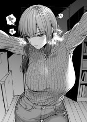 1girl blush breasts denim greyscale half-closed_eyes heart heart-shaped_pupils heavy_breathing highres ice_reizou indoors jeans kabedon kabedon_on_viewer large_breasts looking_at_viewer monochrome original pants pinned against_wall pov ribbed_sweater solo steam sweatdrop sweater sweater_tucked_in symbol-shaped_pupils thought_bubble wooden_floor rating:Sensitive score:55 user:danbooru