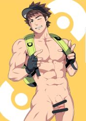  1boy abs backpack bag bar_censor bara brown_hair censored completely_nude creatures_(company) flaccid game_freak highres large_pectorals male_focus male_protagonist_(pokemon_go) mazjojo muscular muscular_male navel nintendo nipples nude one_eye_closed pectorals penis pokemon pokemon_go smile solo teeth 