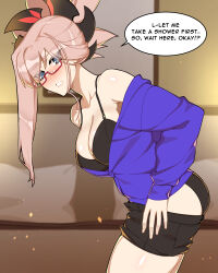  1girl absurdres asymmetrical_hair bespectacled black_skirt blue_eyes blue_shirt blush bra breasts cleavage dress_shirt english_text fate/grand_order fate_(series) glasses highres hyperbudd indoors large_breasts looking_at_viewer miyamoto_musashi_(fate) office_lady pencil_skirt pink_hair shirt skirt solo swept_bangs underwear undressing  rating:Sensitive score:37 user:danbooru