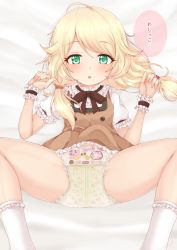 1girl azuma_(azumapic) blonde_hair blush breasts diaper dress flat_chest frilled_dress frills green_eyes highres loli long_hair lying panties peeing puffy_short_sleeves puffy_sleeves short_sleeves small_breasts socks spread_legs tagme underwear wet wet_clothes wet_panties white_legwear rating:Explicit score:120 user:lord_muffington