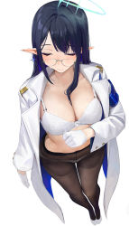 1girl black_pantyhose blue_archive blue_hair blush bra breasts chela77 cleavage closed_eyes coat collarbone commentary from_above full_body glasses gloves halo highres large_breasts long_hair long_sleeves open_clothes open_coat panties pantyhose pointy_ears rin_(blue_archive) see-through solo standing thighs underwear white_bra white_coat white_footwear white_gloves white_panties rating:Sensitive score:87 user:danbooru