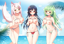  3girls animal_ears armpits bare_arms bare_shoulders beach bikini black_hair blurry blush boku_no_kanojo_wa_ningyohime!? breasts character_request cleavage closed_mouth collarbone commission day depth_of_field floppy_ears fox_ears fox_girl fox_tail frown gluteal_fold gradient_hair green_bikini green_eyes green_hair groin half-closed_eyes halterneck hands_on_own_chest hands_up highres koma_ion large_breasts leaning_forward long_hair looking_at_viewer mauve multicolored_hair multiple_girls nail_polish naughty_face nipples nose_blush ocean open_mouth outdoors palm_leaf pink_hair pixiv_commission ponytail red_bikini red_eyes side-tie_bikini_bottom standing stomach string_bikini striped_bikini striped_clothes sunlight swimsuit tail tail_raised talesshop thigh_gap thighs untied_bikini white_bikini yellow_eyes  rating:Questionable score:51 user:danbooru
