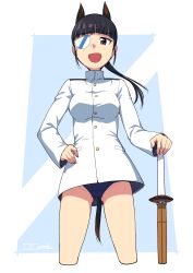  501st_joint_fighter_wing absurdres animal_ears black_hair blunt_bangs dog_ears dog_girl dog_tail dragoncastle eyepatch fuso hand_on_own_hip highres looking_at_viewer military military_uniform monocle no_pants opaque_monocle ponytail print_eyepatch sakamoto_mio school_swimsuit shinai solo strike_witches swimsuit swimsuit_under_clothes sword tail uniform weapon wooden_sword world_witches_series  rating:Sensitive score:4 user:danbooru
