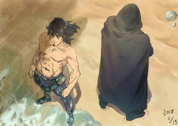  2boys abs armor beach black_hair black_knight_(xenoblade_x) cape clenched_hand clenched_hands crossed_arms dated english_text facial_hair goatee highres hood lao_huang looking_at_another looking_at_viewer looking_to_the_side medium_hair momomoxeno multiple_boys numbered pants rock standing topless_male water xenoblade_chronicles_(series) xenoblade_chronicles_x 