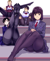  4girls ass black_hair black_pantyhose blazer blue_jacket blue_skirt bow bowtie breasts brown_eyes brown_hair buttons closed_mouth collared_shirt commentary_request crotch_seam dress_shirt feet fine_fabric_emphasis hair_down headband_girl_(kamisimo_90) highres hugging_own_legs jacket kamisimo_90 kneepits knees_up legs legs_up long_sleeves looking_at_viewer medium_breasts medium_hair military_uniform multiple_girls no_shoes original panties panties_under_pantyhose pantyhose pantyshot pleated_skirt presenting red_bow red_jacket red_skirt shirt shoes short_twintails sitting skirt smile soles spread_legs stairs thighband_pantyhose thighs toes twintails twintails_girl_(kamisimo_90) twintails_nurse_(kamisimo_90) underwear uniform white_shirt 