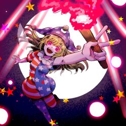  1girl :d american_flag american_flag_dress american_flag_legwear american_flag_print blonde_hair breasts clownpiece commentary_request danmaku dress fairy_wings flag_print from_above full_body hat highres jester_cap laser looking_at_viewer neck_ruff open_mouth pantyhose polka_dot polka_dot_headwear pom_pom_(clothes) purple_eyes purple_hat short_sleeves small_breasts smile solo star_(symbol) star_print striped_clothes striped_dress striped_pantyhose teeth torch touhou upper_teeth_only v wings 