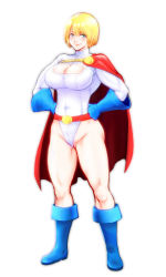  1girl animification belt blonde_hair blue_eyes blue_footwear boots breasts cape cleavage cleavage_cutout clothing_cutout dc_comics gloves hands_on_own_hips large_breasts leotard muhyowo muscular power_girl short_hair smile solo superman_(series) thick_thighs thighs  rating:Questionable score:37 user:danbooru