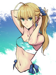  1girl adjusting_hair aono_shimo artoria_pendragon_(all) artoria_pendragon_(fate) bad_id bad_pixiv_id blonde_hair blue_background blue_eyes breasts cleavage fate/grand_order fate_(series) highres long_hair looking_at_viewer navel official_alternate_costume ponytail saber_(fate) solo swimsuit  rating:Sensitive score:11 user:danbooru