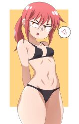  1girl absurdres abysswatchers annoyed arms_behind_back black_bra black_panties border bra breasts cowboy_shot eyebrows female_focus glasses highres kobayashi-san_chi_no_maidragon kobayashi_(maidragon) legs_together looking_at_viewer medium_hair navel open_mouth panties ponytail red_hair simple_background skinny small_breasts solo standing teeth underwear upper_teeth_only white_border yellow_background yellow_eyes 