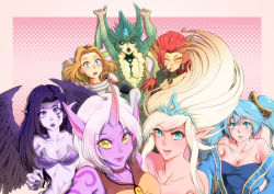 6+girls aqua_hair armor arms_up bare_shoulders black_gloves black_sclera blonde_hair blue_eyes breasts choker cleavage collarbone colored_sclera colored_skin detached_sleeves earrings facial_mark fingernails gloves hair_ornament horns janna_(league_of_legends) jewelry lavender_skirt league_of_legends lipstick long_hair looking_at_viewer lux_(league_of_legends) makeup medium_breasts mermaid monster_girl morgana_(league_of_legends) multiple_girls nami_(league_of_legends) necklace open_mouth pink_background plant_girl pointy_ears purple_eyes purple_hair purple_skin red_eyes red_hair scales sharp_fingernails single_horn smile sona_(league_of_legends) soraka_(league_of_legends) tattoo tiara twintails white_hair wings yamauchi_(conan-comy) yellow_eyes zyra rating:Sensitive score:20 user:danbooru