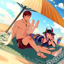  1boy 1girl abs bare_shoulders barefoot black_hat blue_one-piece_swimsuit breasts casual_one-piece_swimsuit cleavage commission diamant_(fire_emblem) feet fire_emblem fire_emblem_engage fire_emblem_heroes hat highres ivy_(fire_emblem) ivy_(summer)_(fire_emblem) long_hair male_swimwear mango_(mgosketches) mole mole_under_mouth nintendo official_alternate_costume one-piece_swimsuit purple_eyes purple_hair red_eyes red_hair short_hair swim_trunks swimsuit toes topless_male 
