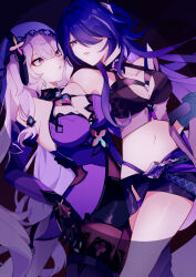  2girls absurdres acheron_(honkai:_star_rail) bandaged_arm bandages bare_shoulders belt black_background black_belt black_collar black_gloves black_pantyhose black_shorts black_swan_(honkai:_star_rail) boots breasts cleavage coat coattails collar collarbone commentary_request covered_navel criss-cross_halter detached_sleeves dress gloves hair_between_eyes hair_ornament halterneck hand_on_another&#039;s_back highres honkai:_star_rail honkai_(series) large_breasts looking_at_another midriff multicolored_hair multiple_girls navel orange_eyes pantyhose pantyhose_under_shorts purple_dress purple_eyes purple_hair purple_sleeves purple_veil saibogu_zoki see-through shorts sleeveless sleeveless_dress streaked_hair thigh_boots white_coat yuri 