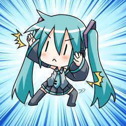  1girl :&lt; aqua_hair aqua_necktie arm_up bare_shoulders black_skirt black_sleeves black_thighhighs blue_background blush chibi chibi_miku detached_sleeves emphasis_lines frown grey_shirt hair_ornament hatsune_miku headphones long_hair minami_(colorful_palette) miniskirt necktie outstretched_arm pleated_skirt shirt skirt sleeveless sleeveless_shirt solo standing thighhighs twintails v-shaped_eyebrows very_long_hair vocaloid zettai_ryouiki |_| 