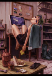 1girl alternate_costume apple_inc. bad_id bad_pixiv_id barefoot bike_shorts blue_eyes blue_hair book boots bottle bulletin_board cellphone chair computer contemporary cup drink eating feet female_focus food hat highres iphone kawashiro_nitori kurione_(pixiv) kurione_(zassou) lantern legs letterboxed macintosh matching_hair/eyes mouth_hold mug pencil phone photo_(object) product_placement sandwich shelf sitting smartphone solo touhou wrench  rating:Sensitive score:19 user:danbooru