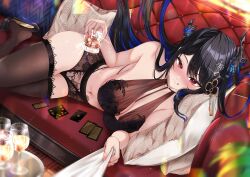  1girl :q alcohol asymmetrical_horns bare_shoulders black_bra black_dress black_hair black_panties blue_hair blush bra breasts colored_inner_hair cup demon_horns dress glass hair_ornament highres hololive hololive_english horns lace lace_panties lacia_everlight large_breasts long_hair looking_at_viewer mole mole_under_eye multicolored_hair navel nerissa_ravencroft panties red_eyes see-through see-through_thighhighs smile solo tongue tongue_out two-tone_hair underwear uneven_horns very_long_hair virtual_youtuber 
