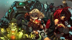  2girls aron_lusen battle_chasers breasts cleavage green_eyes highres joe_madureira large_breasts long_hair midriff multiple_girls red_hair red_monika  rating:Questionable score:11 user:hjht574r6cf5