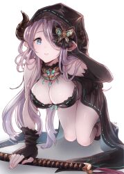 1girl absurdres all_fours asymmetrical_gloves bare_shoulders bikini black_bikini black_footwear black_gloves blue_eyes breasts bug butterfly butterfly_hair_ornament cleavage commentary_request draph elbow_gloves fingerless_gloves gloves granblue_fantasy hair_ornament hair_over_one_eye tucking_hair highres hood horns insect katana kidojiru large_breasts long_hair looking_at_viewer narmaya_(granblue_fantasy) narmaya_(the_black_butterfly)_(granblue_fantasy) official_alternate_costume pointy_ears purple_hair ribbon-trimmed_bikini signature simple_background single_fingerless_glove smile solo swept_bangs swimsuit sword uneven_gloves weapon white_background
