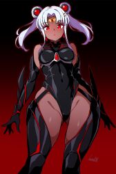  1girl 2024 alternate_eye_color alternate_hair_color alternate_skin_color arm_armor arm_blade armor batta_16-sei bishoujo_senshi_sailor_moon black_armor black_background black_leotard black_thighhighs blush breasts corruption covered_erect_nipples dark-skinned_female dark_skin double_bun earrings forehead_jewel gradient_background hair_bun highres impossible_clothes jewelry latex latex_leotard leg_armor leotard looking_at_viewer medium_breasts red_background red_eyes sailor_moon short_twintails signature simple_background solo solo_focus thighhighs thighs tiara tsukino_usagi twintails weapon white_hair 
