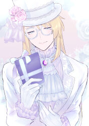  1boy absurdres ascot avery_(pokemon) blonde_hair box closed_mouth commentary_request creatures_(company) flower game_freak gem gift gift_box glasses glint gloves half-closed_eyes hat hat_flower highres holding holding_gift jacket jewelry long_hair long_sleeves male_focus necklace nintendo pink_flower pokemon pokemon_swsh purple_gemstone ribbon round_eyewear shirt solo top_hat tudurimike upper_body white_gloves white_hat white_jacket 