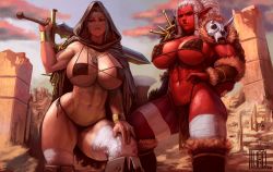 2girls abs armor bikini bikini_armor breasts brown_hair cleavage cloak colored_skin cowboy_shot curvy day eyepatch_bikini fang faux_traditional_media female_focus fur_trim hair_intakes hand_on_own_knee highres holding hood hooded_cloak huge_breasts jewelry leaning_forward long_hair micro_bikini multiple_girls muscular muscular_female navel necklace orc original outdoors painting_(medium) parted_lips pointy_ears red_skin ruins shiny_skin side-tie_bikini_bottom sideboob sky standing swimsuit sword thick_thighs thighs toned traditional_media ujac watercolor_(medium) weapon white_hair  rating:Questionable score:138 user:Vardigiil