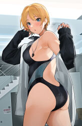  1girl ass black_jacket black_nails black_one-piece_swimsuit blonde_hair blue_eyes blue_nails blue_one-piece_swimsuit blush breasts commentary_request competition_swimsuit cowboy_shot earrings fingernails gal_girlfriend_(tipii) hands_up highres jacket jewelry long_fingernails long_sleeves looking_at_viewer looking_back medium_breasts multicolored_nails nail_polish one-piece_swimsuit open_clothes open_jacket original parted_lips short_hair single_bare_shoulder sleeves_past_wrists solo stairs standing swimsuit tipii towel track_jacket twisted_torso two-tone_swimsuit wet whistle whistle_around_neck white_towel 