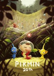  alph_(pikmin) anniversary blue_pikmin brittany_(pikmin) bulborb character_request charlie_(pikmin) copyright_name flying_pikmin food fruit grass helmet highres leaf louie_(pikmin) nintendo olimar pikmin_(series) pikmin_1 pikmin_2 pikmin_3 pointy_ears red_pikmin silhouette space_helmet strawberry yamato_koara yellow_pikmin 