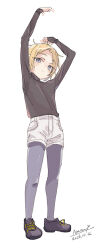  1girl arms_up black_footwear black_sweater blonde_hair blue_eyes blush dated full_body grey_pantyhose highres long_sleeves looking_at_viewer maze_(gochama_ze_gohan) original pantyhose pantyhose_under_shorts shoes short_hair shorts signature simple_background solo standing sweater white_background white_shorts  rating:General score:5 user:danbooru