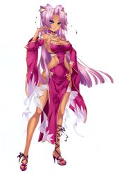 1girl absurdres bare_shoulders bibyo blue_eyes breasts cleavage cleavage_cutout clothing_cutout dark-skinned_female dark_skin detached_sleeves dress full_body hair_ornament hand_on_own_hip highres hikage_eiji jewelry koihime_musou long_hair looking_at_viewer mole mole_under_mouth nail_polish necklace non-web_source pelvic_curtain pink_hair ponytail revealing_clothes shoes side_slit smile solo sonsaku very_long_hair white_background rating:Sensitive score:47 user:danbooru