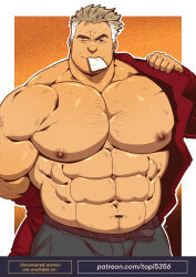  1boy abs absurdres artist_name bara belt biceps brown_hair coat creatures_(company) denim feet_out_of_frame game_freak highres huge_pectorals jeans male_focus manly mature_male multicolored_hair muscular muscular_male napkin nintendo nipples one_eye_closed pants patreon_username pectorals plump pokemon pokemon_rgby samuel_oak simple_background smile solo thick_arms thick_eyebrows topi_(topi5356) upper_body white_background white_hair yellow_background 